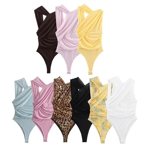 Damen Sexy Geraffter Bodysuit Asymmetrischer One Shoulder Ärmellos Netzstrick Criss Cross Vorne Enger Jumpsuit Clubwear Party Top
