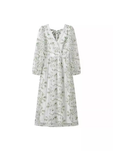 Abito Maxi da Donna Elegante Scollo a V Ricamo Floreale Manica Lunga in Tulle Pizzo Vita Alta Schiena Scoperta Allacciato
