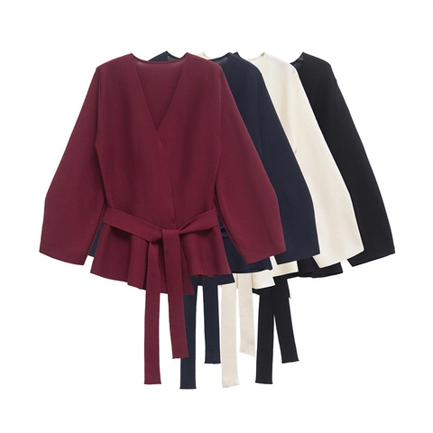 Dames V-hals Brei Top Met Strikband Elegant Lange Mouw Effen Kleur Slim Fit Herfst Trui Blouse Kantoor