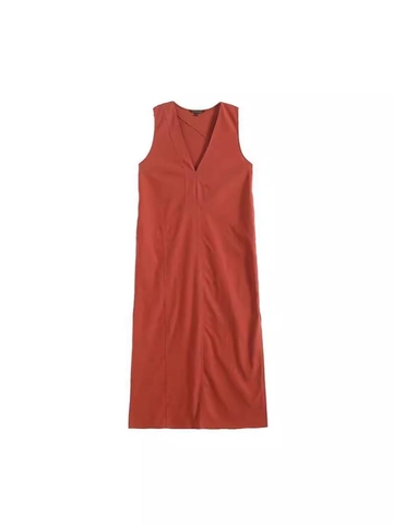 Women Elegant V Neck Sleeveless Midi Dress Retro Rust Red Linen Blend Solid Color Casual Office H Line Long Dress