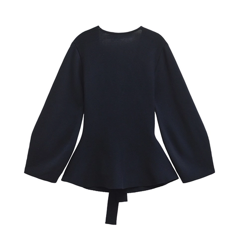 Dames V-hals Brei Top Met Strikband Elegant Lange Mouw Effen Kleur Slim Fit Herfst Trui Blouse Kantoor