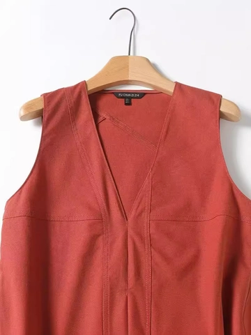 Women Elegant V Neck Sleeveless Midi Dress Retro Rust Red Linen Blend Solid Color Casual Office H Line Long Dress