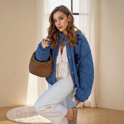Women Fashion Stand Collar Quilted Jacket Embroidered Long Sleeve Padded Coat Casual Streetwear Button Down Outerwear