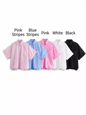 Camicetta Casual da Donna a Maniche Corte Con Tasca Colletto a Revers Popeline di Poliestere Top Largo per Streetwear