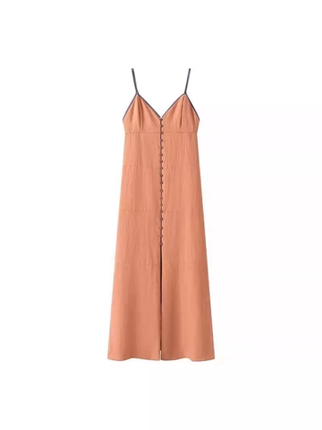 Abito Maxi Donna Scollo a V Schiena Scoperta Senza Maniche Bordo a Contrasto Bottoni Decorativi Estate Vacanza Casual