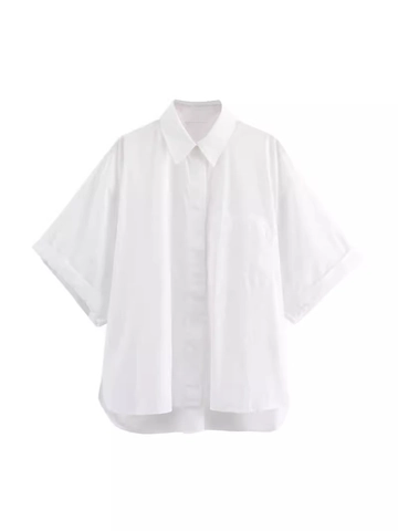 Camicetta Casual da Donna a Maniche Corte Con Tasca Colletto a Revers Popeline di Poliestere Top Largo per Streetwear