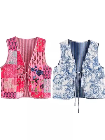 Γυναικείο Καπιτονέ Βαμβακερό Γιλέκο Vintage Floral Εκτύπωση Δέσιμο Μπροστά Αμάνικο Γιλέκο Μποέμ Patchwork Επενδυμένο Γιλέκο Φθινόπωρο