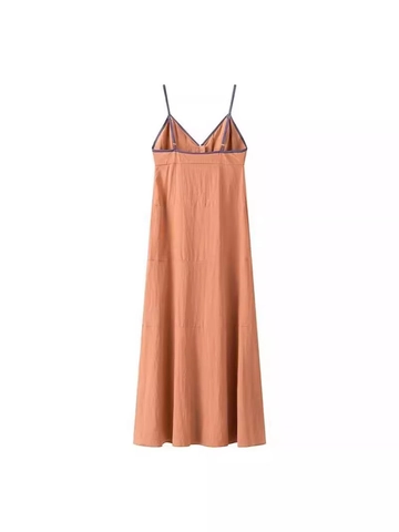 Abito Maxi Donna Scollo a V Schiena Scoperta Senza Maniche Bordo a Contrasto Bottoni Decorativi Estate Vacanza Casual
