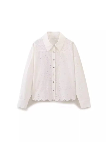 Camicia Donna Manica Lunga in Stile Francese con Ricamo Occhielli Elegante Bordo a Festone Misto Cotone Colletto a Punta