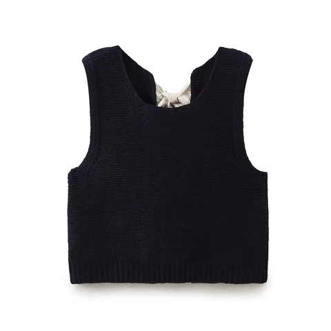 Women Knitted Sweater Vest Bowknot Backless Sleeveless Top Solid Color Streetwear Fashion Casual Knit Waistcoat