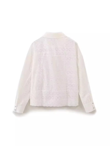 Camicia Donna Manica Lunga in Stile Francese con Ricamo Occhielli Elegante Bordo a Festone Misto Cotone Colletto a Punta