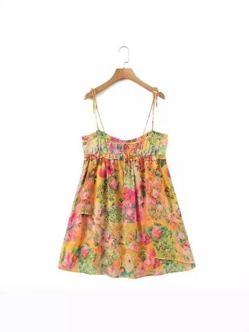 Dames Bloemenprint Vetersluiting Schouderband Mini Jurk Ruffles Mouwloos Open Rug A Lijn Strand Vakantie Zomerjurk