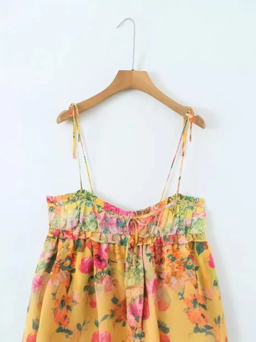 Dames Bloemenprint Vetersluiting Schouderband Mini Jurk Ruffles Mouwloos Open Rug A Lijn Strand Vakantie Zomerjurk