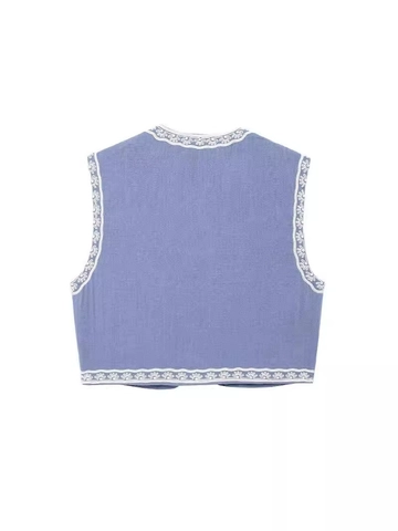 Dames Retro Bloem Borduurwerk Open Voorzijde Vest Etnisch Mouwloos Kort Vest Casual Schulprand Top