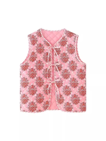 Dames Gewatteerd Bloemen Vest Roze Boheems Mouwloze Taillejas Met Strikband Voorzijde Lichtgewicht Polyester Casual Jas