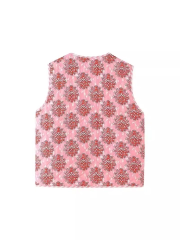 Dames Gewatteerd Bloemen Vest Roze Boheems Mouwloze Taillejas Met Strikband Voorzijde Lichtgewicht Polyester Casual Jas