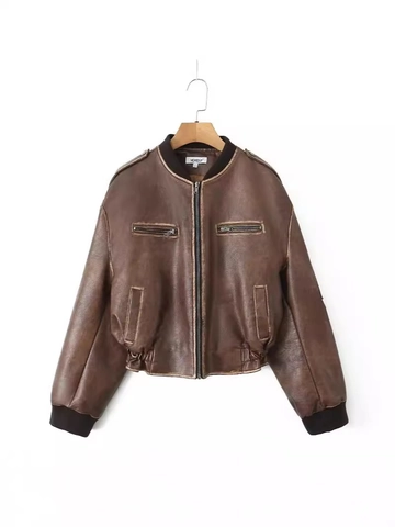 Vintage Damen Braun PU Leder Bomberjacke Distressed Reißverschluss Biker Mantel Lose Stehkragen Langarm Outwear Streetwear