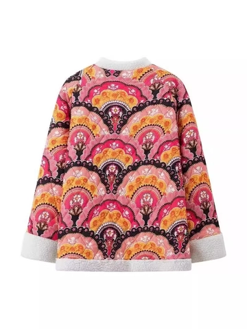 Giacca Trapuntata Vintage Y2K da Donna Stampa Floreale Bordo in Pile Monopetto Manica Lunga Cappotto Imbottito