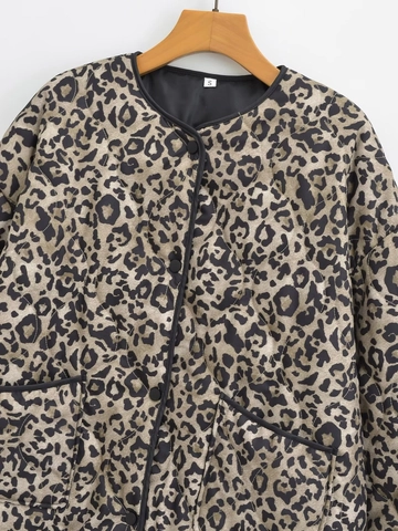 Vintage Leopard Print Quilted Jacket For Women Casual Loose Round Neck Long Sleeve Button Up Padded Coat With Pockets