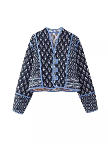Veste Matelassée Florale Vintage pour Femmes Col en V Boutonnage Simple Manteau Rembourré Style Ethnique Rétro Manches Longues Extérieur Chaud