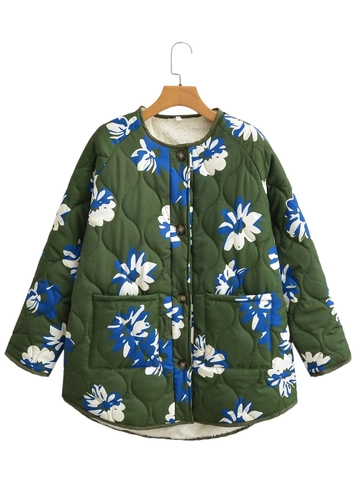 Veste Matelassée Décontractée à Imprimé Floral pour Femmes Col Rond Manches Longues Réversible Chaud Manteau Ample Avec Poches