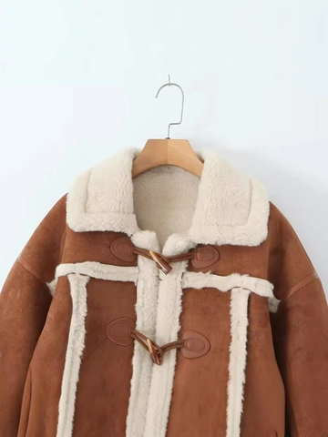 Γυναικείο Vintage Καστόρι Σακάκι με Τεχνητό Μαλλί Αρνιού Χαλαρό Ζεστό Παλτό με Κουμπιά Toggle
