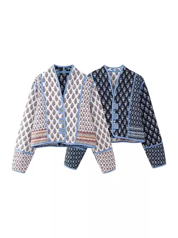 Veste Matelassée Florale Vintage pour Femmes Col en V Boutonnage Simple Manteau Rembourré Style Ethnique Rétro Manches Longues Extérieur Chaud