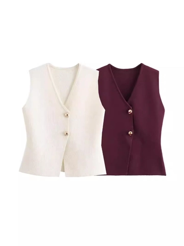 Chaleco de Punto Casual para Mujer Cuello en V Sin Mangas Cárdigan con Botones Dorados Ajustado Suéter de Punto Color Sólido