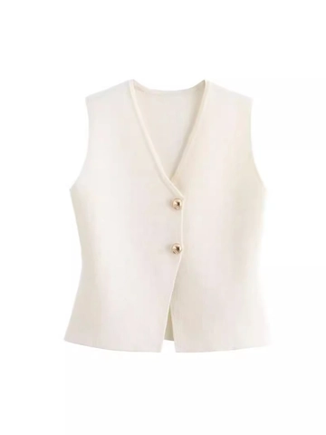 Chaleco de Punto Casual para Mujer Cuello en V Sin Mangas Cárdigan con Botones Dorados Ajustado Suéter de Punto Color Sólido