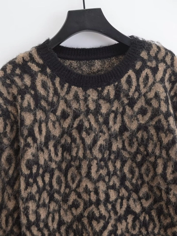Suéter De Punto Retro Con Estampado De Leopardo Para Mujer Cuello Redondo Manga Larga Ajuste Holgado Pullover Peludo Tops De Moda De Otoño Invierno