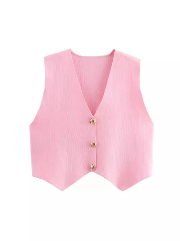 Chaleco de Punto Rosa Estilo Francés para Mujer Cuello en V Botones Dorados Dobladillo Asimétrico Chaleco Ajustado Sin Mangas