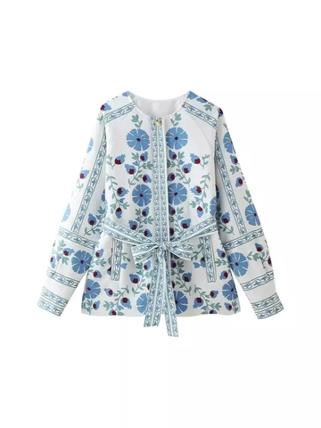 Veste Matelassée Décontractée à Imprimé Floral pour Femmes Col Rond avec Lien à la Taille Manches Longues Manteau Léger pour Automne Hiver
