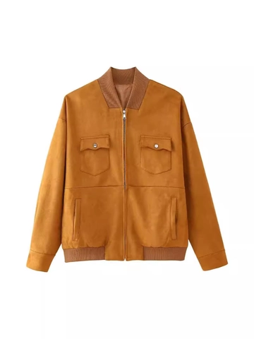Women Vintage Suede Jacket Stand Collar Casual Solid Color Bomber Jacket Long Sleeve Outwear Brown Full Zip Pocket Top
