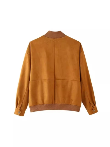 Women Vintage Suede Jacket Stand Collar Casual Solid Color Bomber Jacket Long Sleeve Outwear Brown Full Zip Pocket Top