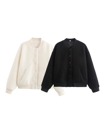 Veste en Polaire Sherpa Décontractée pour Femme Col Montant Bouton-pression Couleur Unie Manteau Teddy Court Chaud