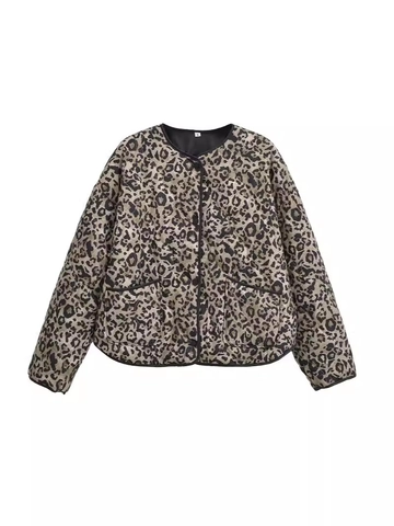Vintage Leopard Print Quilted Jacket For Women Casual Loose Round Neck Long Sleeve Button Up Padded Coat With Pockets
