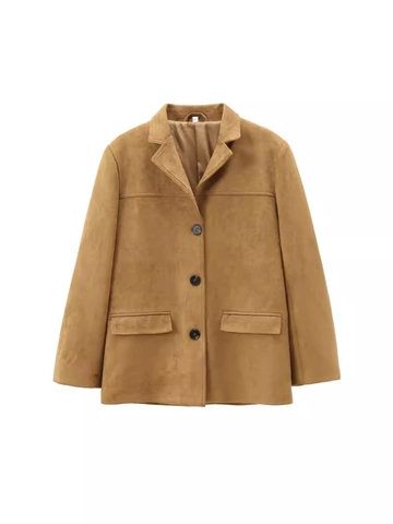 Chaqueta Americana de Mujer Vintage de Gamuza Sintética Color Sólido Solapa Suelta Manga Larga Bolsillo Monopetto Abrigo Casual
