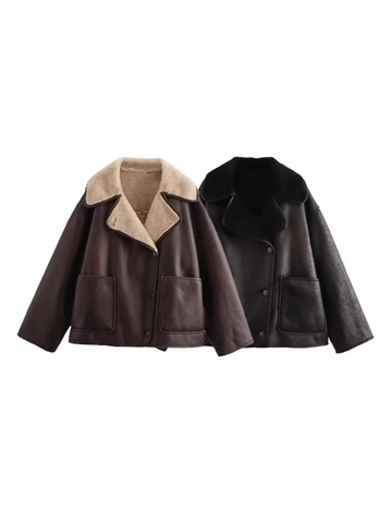 Women's Faux Shearling Leather Jacket Oversized Lapel Single Breasted PU Leather Coat With Pockets For Autumn Winter Warm Casual Outerwear