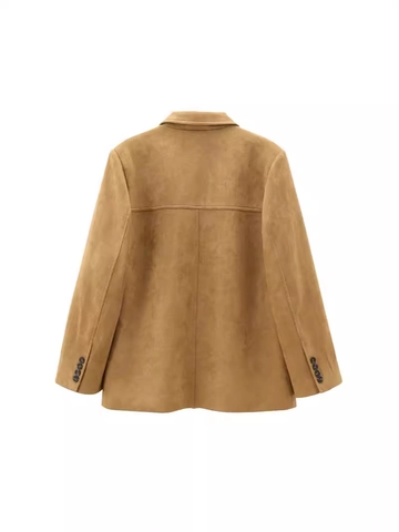 Chaqueta Americana de Mujer Vintage de Gamuza Sintética Color Sólido Solapa Suelta Manga Larga Bolsillo Monopetto Abrigo Casual