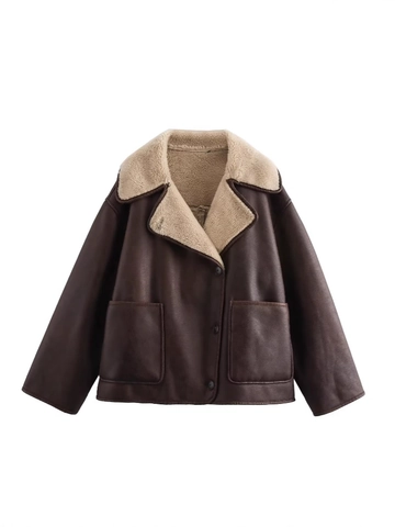 Women's Faux Shearling Leather Jacket Oversized Lapel Single Breasted PU Leather Coat With Pockets For Autumn Winter Warm Casual Outerwear