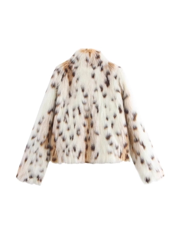 Women Fashion Leopard Faux Fur Jacket Winter Warm Stand Collar Long Sleeve Animal Pattern Streetwear Casual Coat Outwear