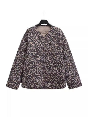 Chaqueta Acolchada con Estampado de Leopardo Casual para Mujer Moda Ajuste Holgado Cuello Redondo Abrigo con Cremallera y Bolsillos Ropa de Abrigo Cálida de Invierno