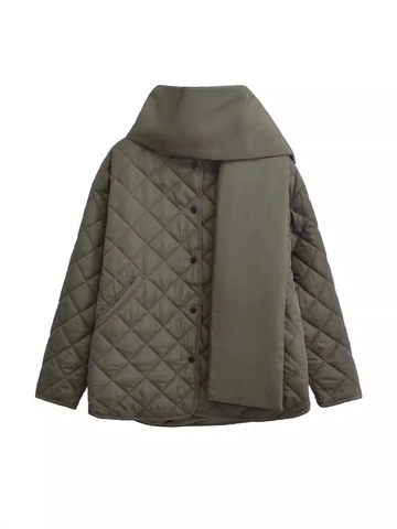 Veste Matelassée pour Femmes Avec Écharpe Assortie Manteau Rembourré à Losanges Minimaliste Couleur Unie Manches Longues