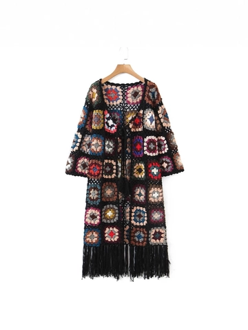 Cárdigan de Ganchillo Hecho a Mano Bohemio para Mujer Suéter Largo de Cuadros de la Abuela con Borlas Punto de Manga Larga Multicolor
