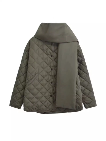 Veste Matelassée pour Femmes Avec Écharpe Assortie Manteau Rembourré à Losanges Minimaliste Couleur Unie Manches Longues