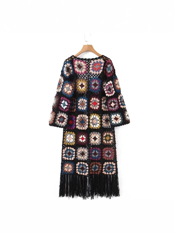 Cárdigan de Ganchillo Hecho a Mano Bohemio para Mujer Suéter Largo de Cuadros de la Abuela con Borlas Punto de Manga Larga Multicolor