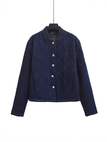 Women Washed Denim Quilted Cotton Padded Jacket Vintage Diamond Pattern Stand Collar Single Breasted Long Sleeve Coat