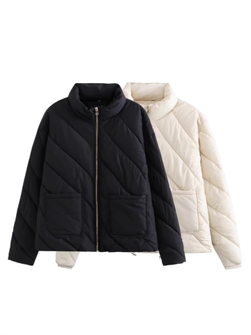 Veste Rembourrée Matelassée Diagonale Décontractée Large Pour Femmes Col Montant Manches Longues Manteau En Coton Court