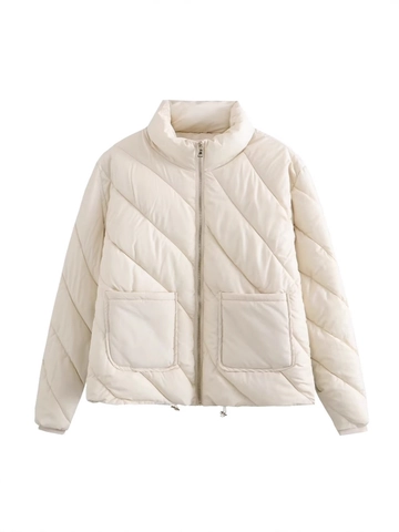 Veste Rembourrée Matelassée Diagonale Décontractée Large Pour Femmes Col Montant Manches Longues Manteau En Coton Court