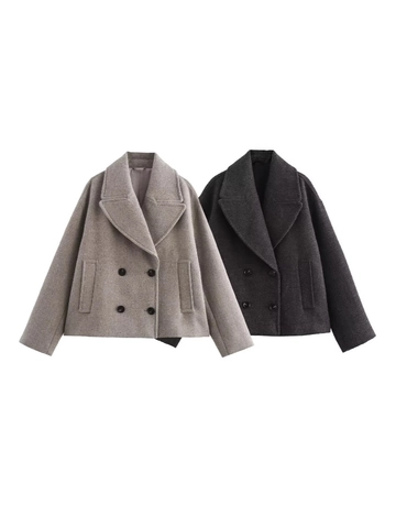 Dames Double Breasted Imitatie Wollen Jas Revers Losse Casual Herfst Winter Korte Jas Met Zakken Effen Kleur